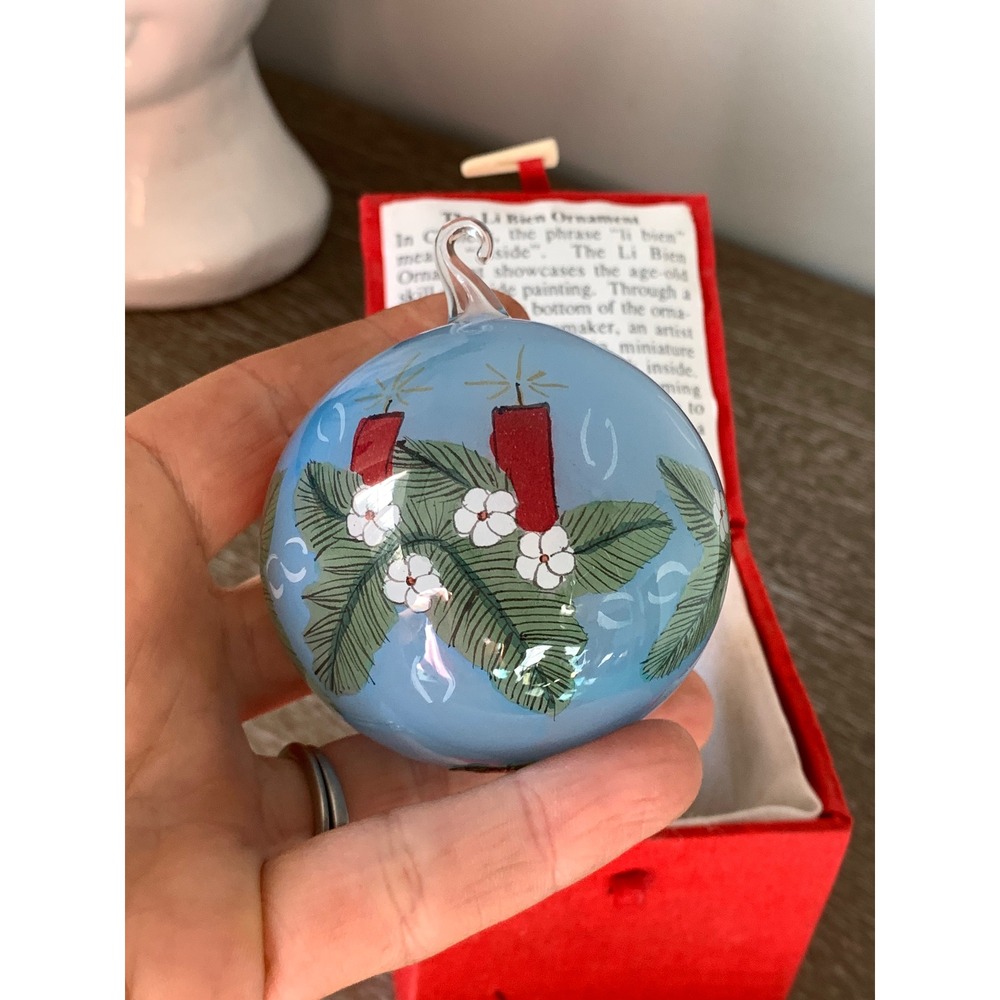 Li Bien Christmas Ornament Hand Painted Inside Glass Blue Red Candle with Box